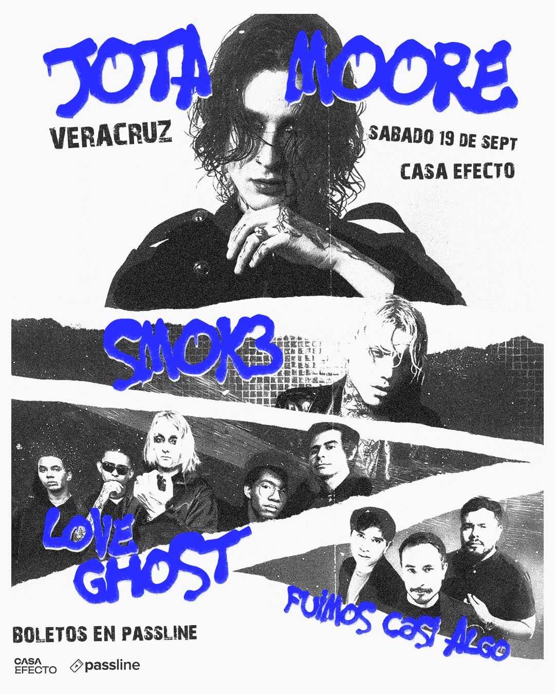 Flyer de Jota Moore, SMOK3, Love Ghost y Fuimos Cosy Algo en Veracruz