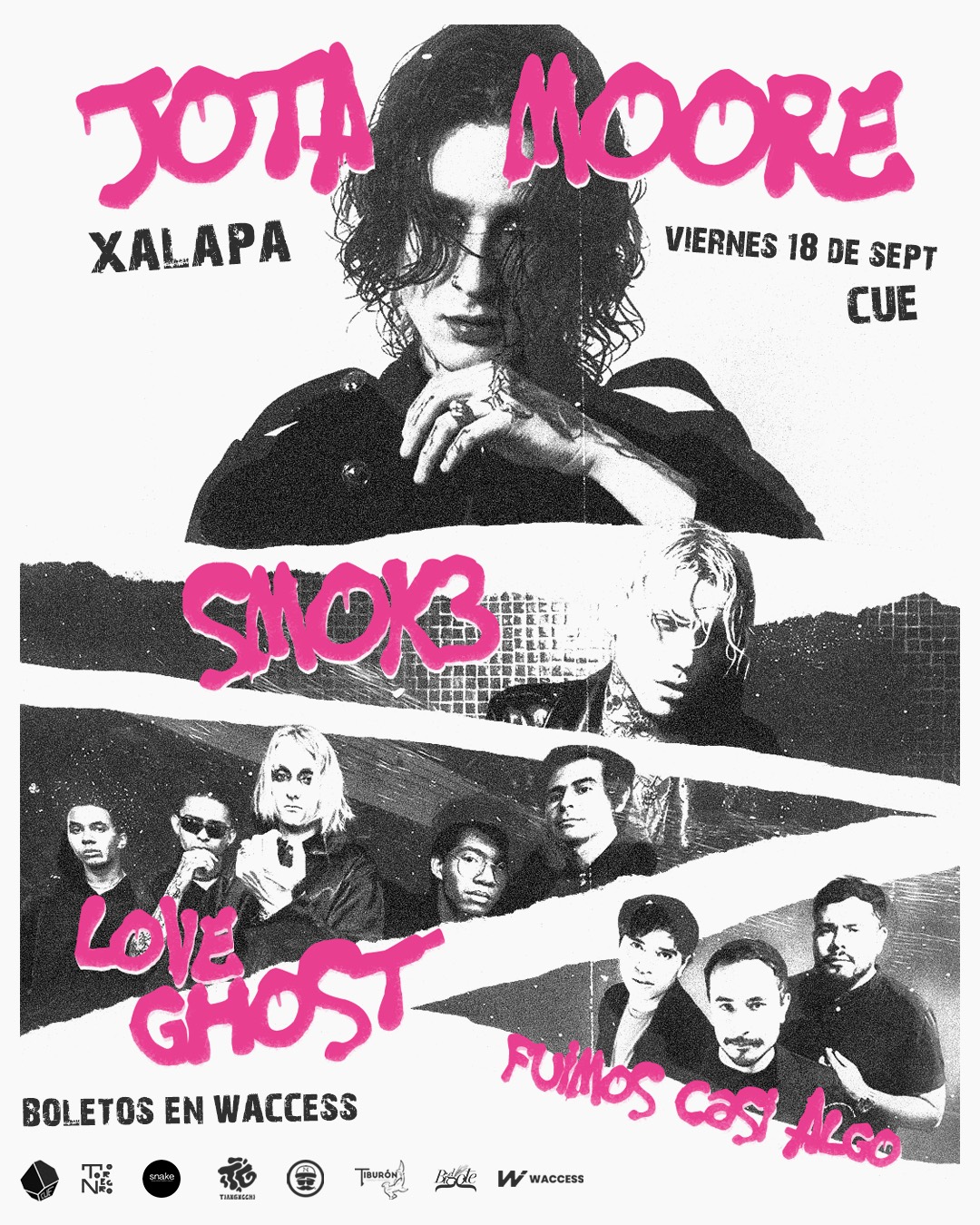 Flyer de Jota Moore, SMOK3, Love Ghost y Fuimos Cosy Algo en Xalapa